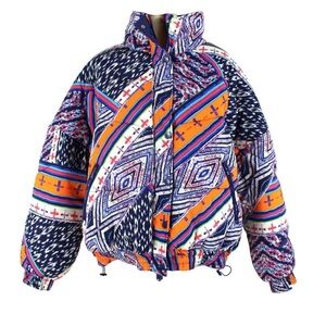 Navy Blue Puffer Jacket with Geometric Pattern